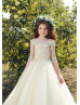 Elbow Sleeves Cream Lace Organza Floor Length Flower Girl Dress